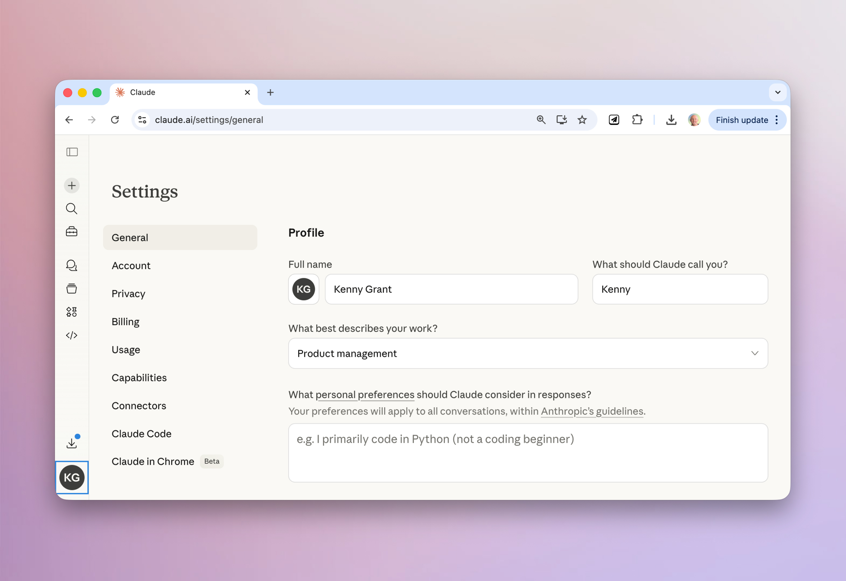Claude profile settings page