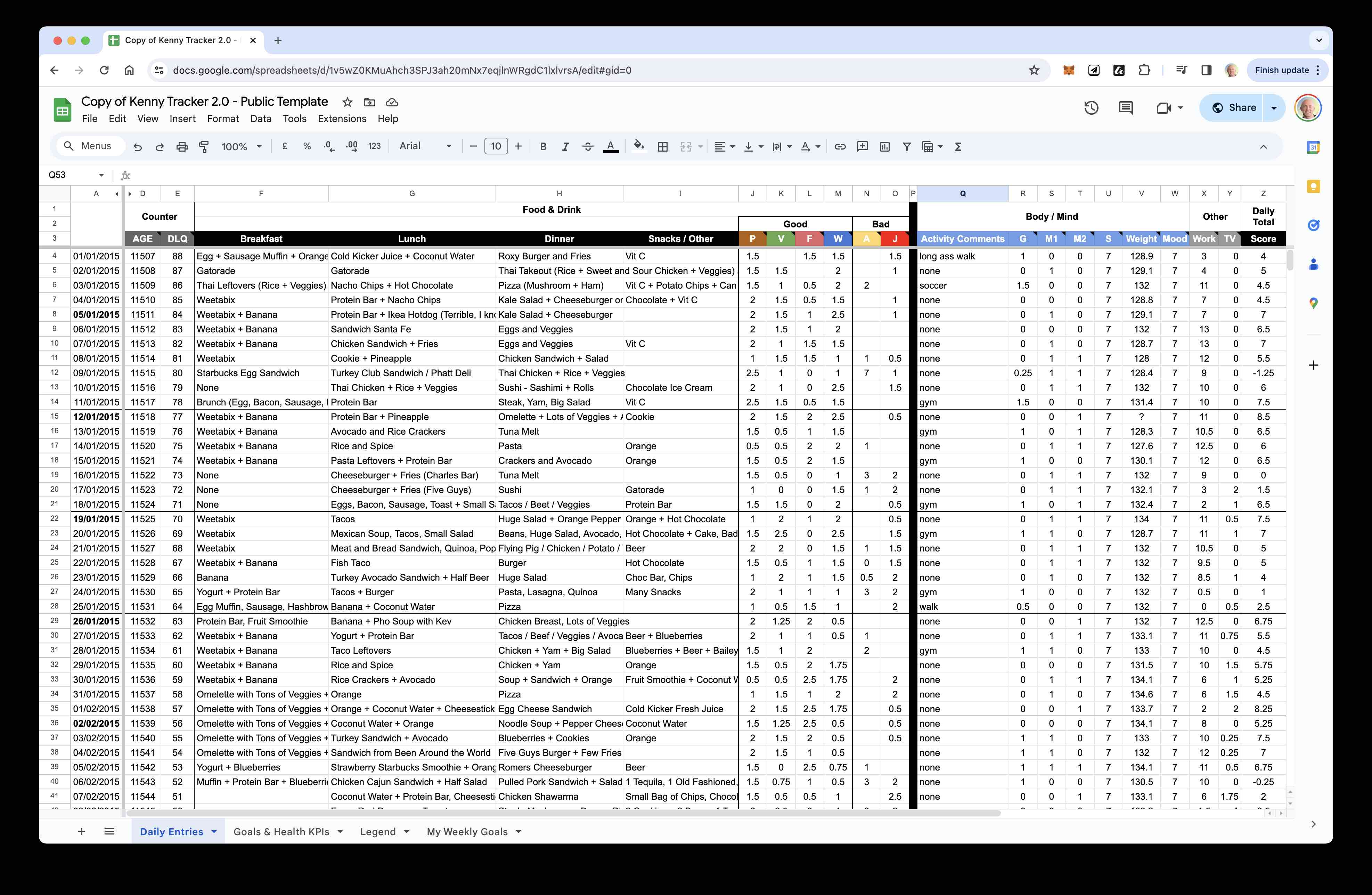 personal health spreadsheet tracker
